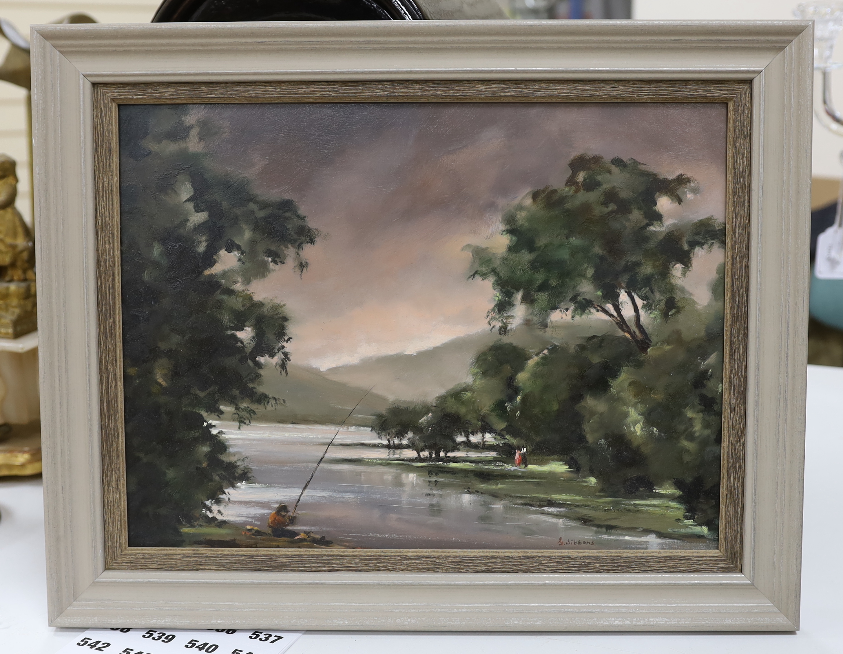 Gudrun Sibbons (b.1925), oil on board, River landscape with angler, signed, 29 x 39cm